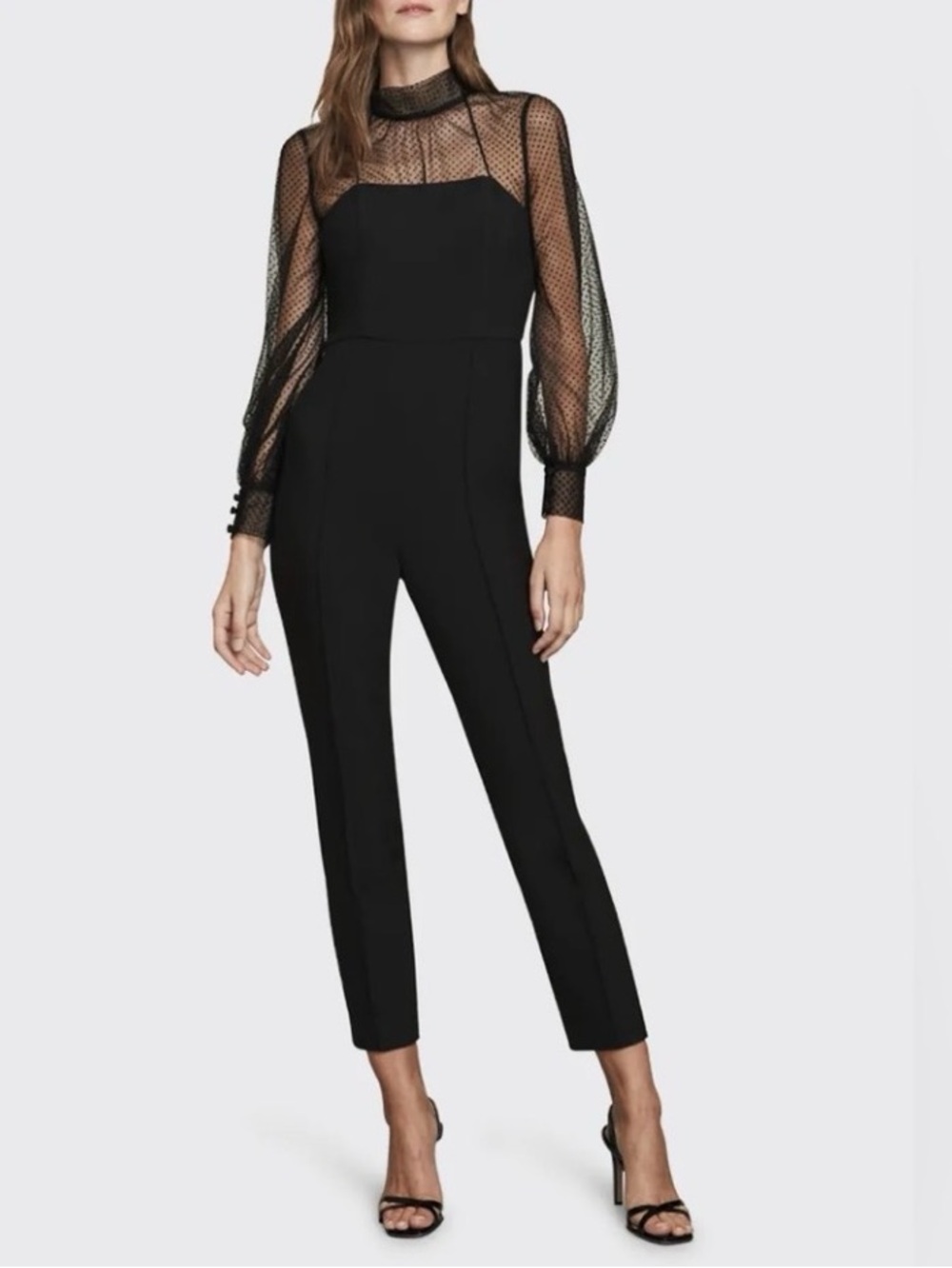 Veronica Beard jumpsuit with mesh sheer dot neckline and sleeves